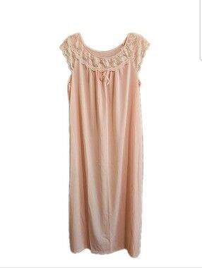 Vintage Philmaid Peach Nylon Long Gown Lace Trim 1960s Lingerie Nightgown Medium